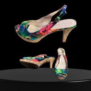 These are Nine West open-toe slingback cork platform heels